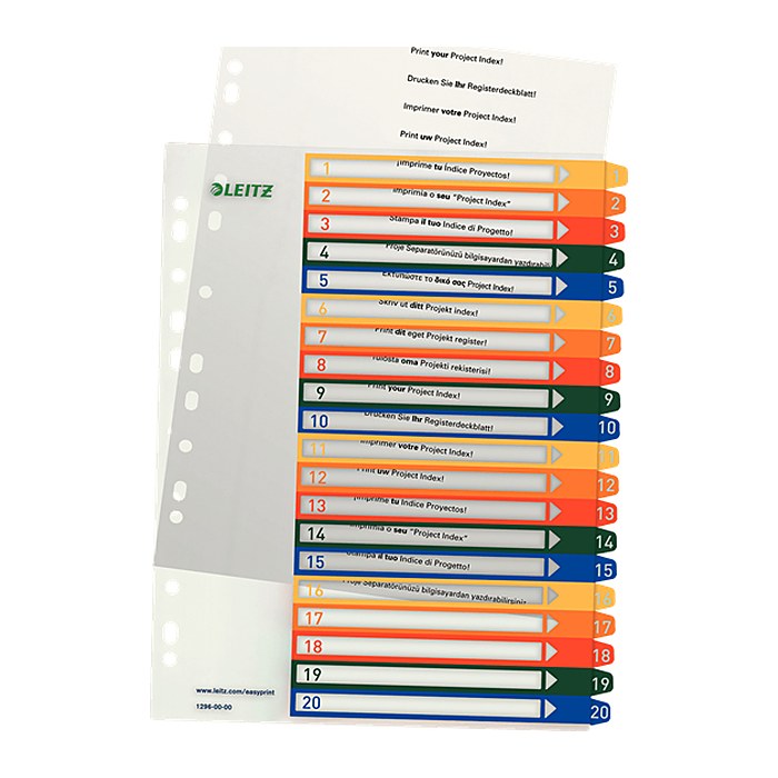LEITZ Ordnerregister DIN A4 Vollformat, Überbreite 1-20 farbig 20-teilig, 1 Satz