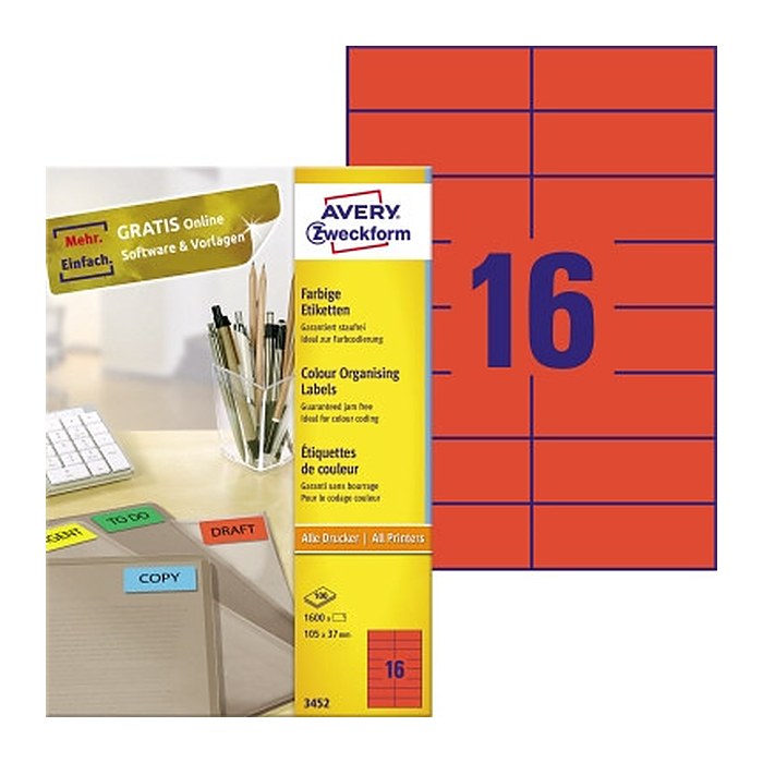 AVERY Zweckform Etiketten 3452 rot 105,0 x 37,0 mm, 100 Blatt
