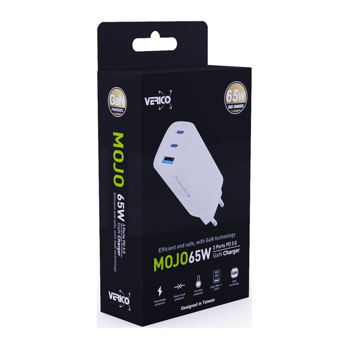 Verico Ladegerät MOJO GaN 65W PD, 3-Port (USB-A & USB-C) WH retail