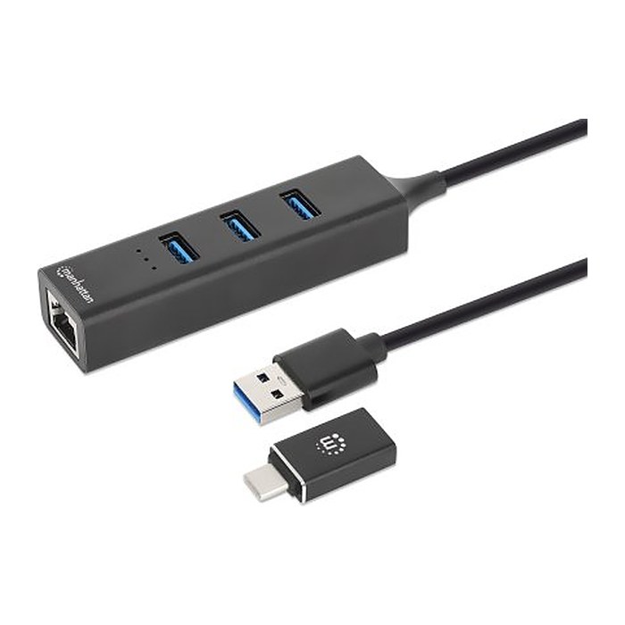 MANHATTAN 3-Port USB 3.0 Typ-C/A Kombo-Hub + Netzwerkadapter