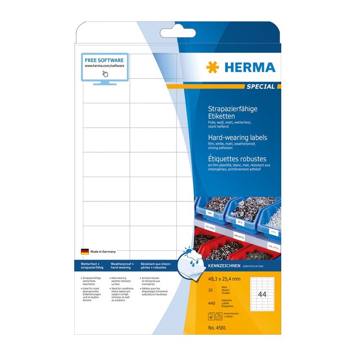 HERMA wetterfeste Folienetiketten 4581 weiß 48,3 x 25,4 mm, 10 Blatt