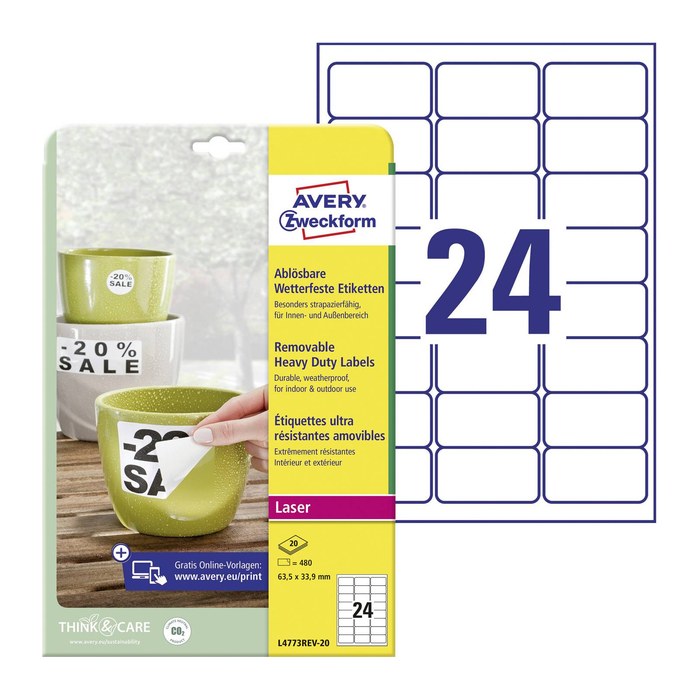 AVERY Zweckform wetterfeste Folienetiketten L4773REV-20 weiß 63,5 x 33,9 mm, 20 Blatt