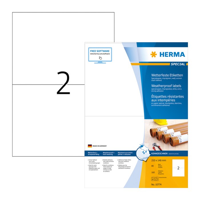 HERMA wetterfeste Etiketten weiß 210,0 x 148,0 mm, 80 Blatt