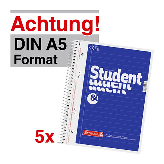 BRUNNEN Collegeblöcke Student Kleinformat liniert DIN A5 Innenrand, 5 Blöcke