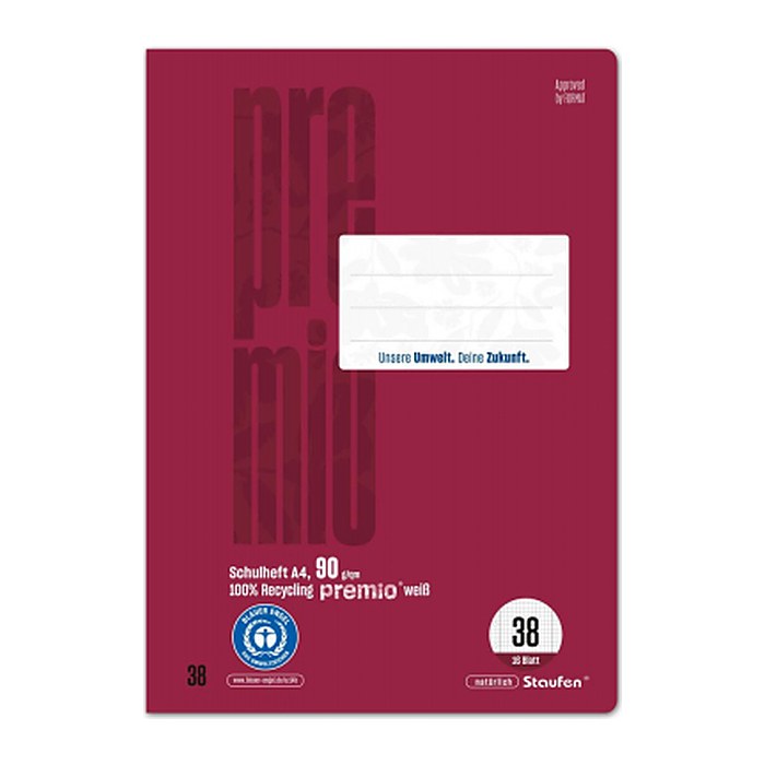 Staufen® Schulheft Premio Lineatur 38 kariert DIN A4 Innen- und Außenrand, 16 Blatt, 1 St.