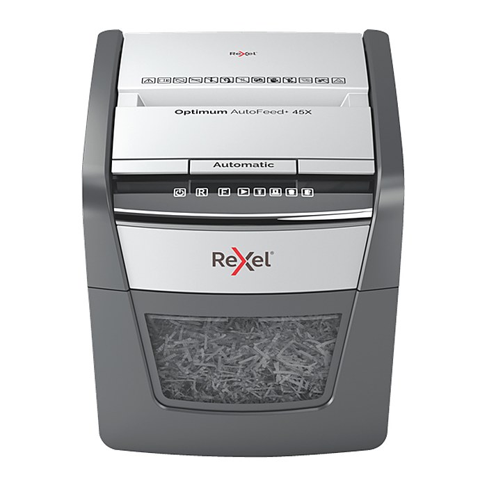 AKTION: Rexel Optimum AutoFeed+ 45X Aktenvernichter mit Partikelschnitt P-4, 4 x 28 mm, bis 45 Blatt, schwarz mit 15 Euro CashBack
