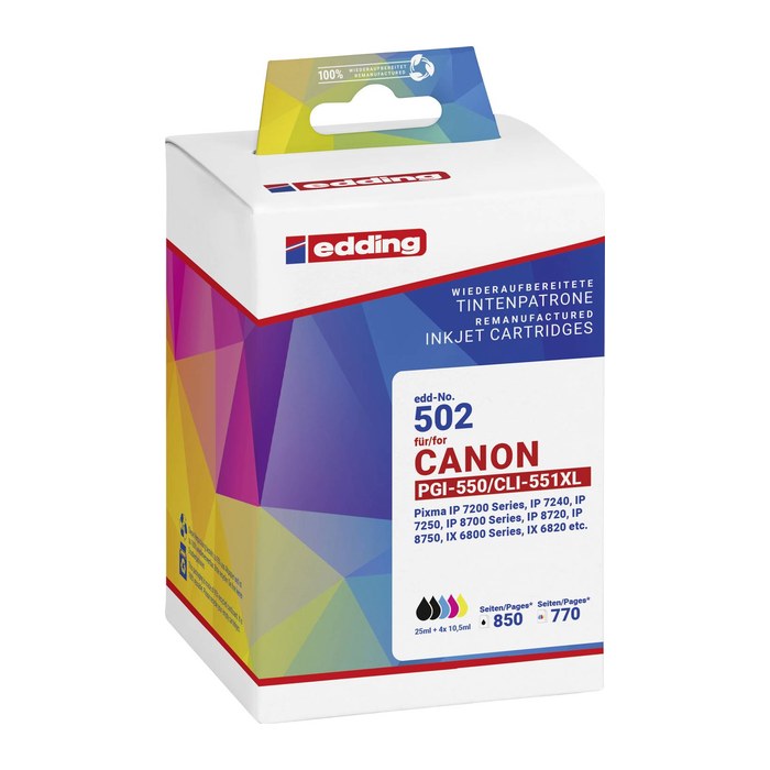 edding EDD-502 schwarz, cyan, magenta, gelb Druckerpatronen kompatibel zu Canon PGI-550 XL BK, CLI-551 XL BK/C/M/Y, 5er-Set