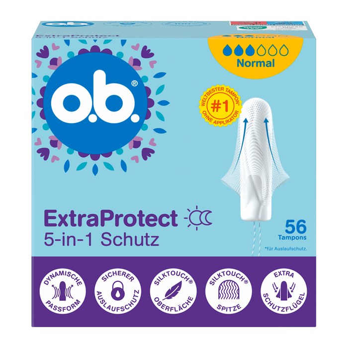 o.b. Tampons ExtraProtect Normal 5-in-1 Schutz für mittlere bis starke Periode, 56 St.