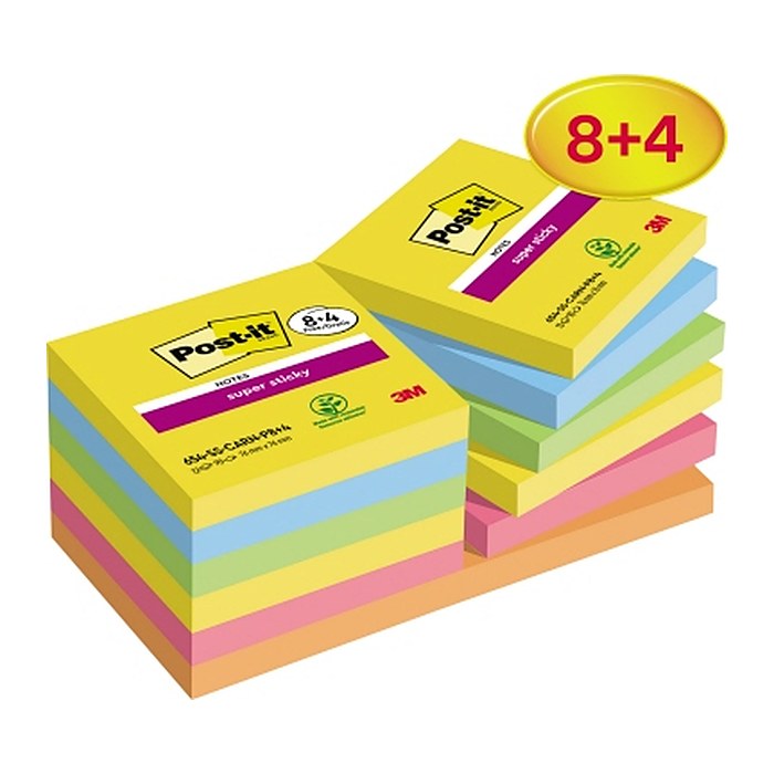8 + 4 GRATIS: Post-it® Super Sticky Carnival Haftnotizen extrastark farbsortiert, 8 Blöcke + GRATIS 4 Blöcke