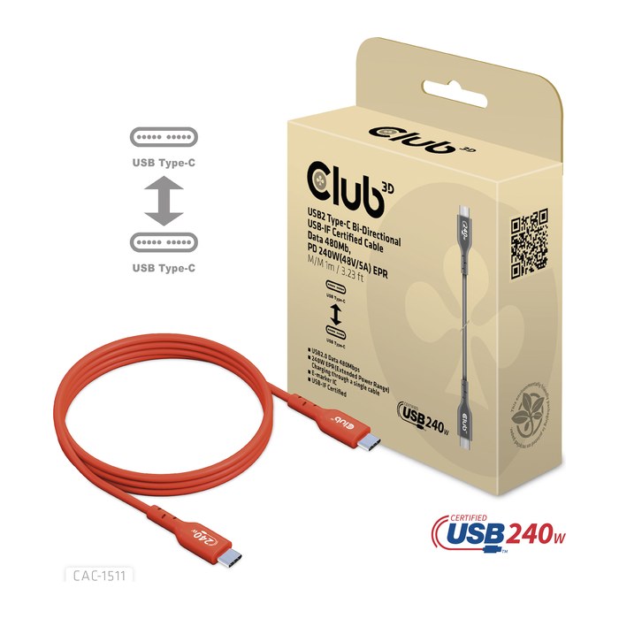 Club3D Kabel USB 2 Typ C PD 240W / 480Mb 1m St/St retail