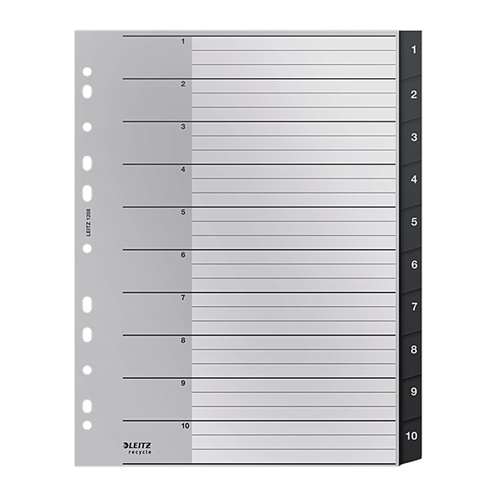LEITZ Ordnerregister recycle 1208 DIN A4 Vollformat, Überbreite 1-10 schwarz 10-teilig, 1 Satz