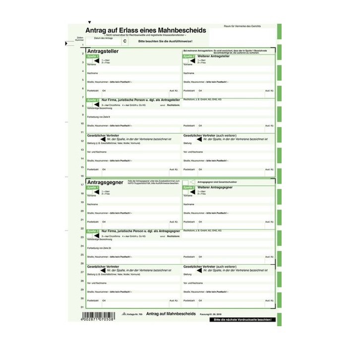 RNK-Verlag Mahnbescheide für maschinelle Bearbeitung Formulare 705/10, 10 St.