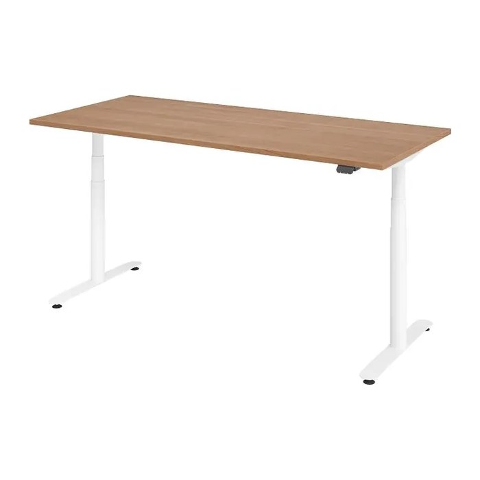 HAMMERBACHER VXDLR19 elektrisch höhenverstellbarer Schreibtisch nussbaum rechteckig, T-Fuß-Gestell weiß 180,0 x 80,0 cm