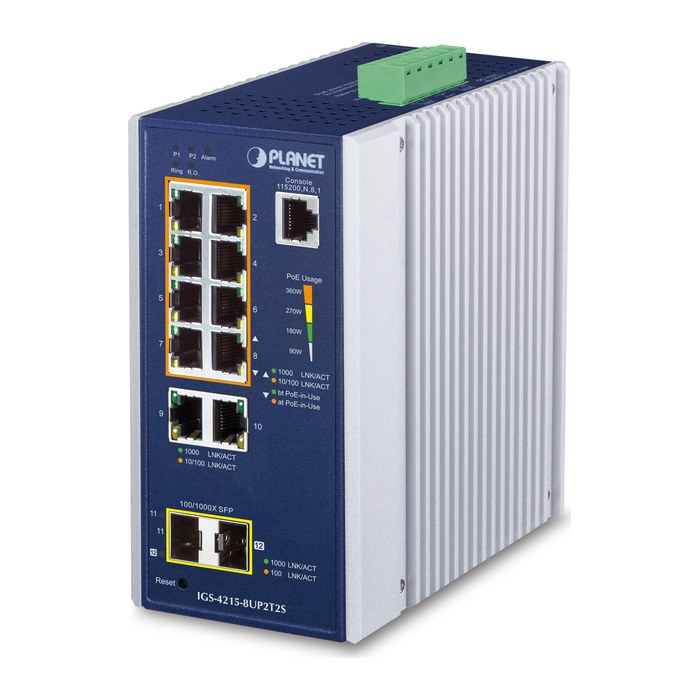PLANET Industrial 8-Port Managed Switch IGS-4215-8UP2T2S
