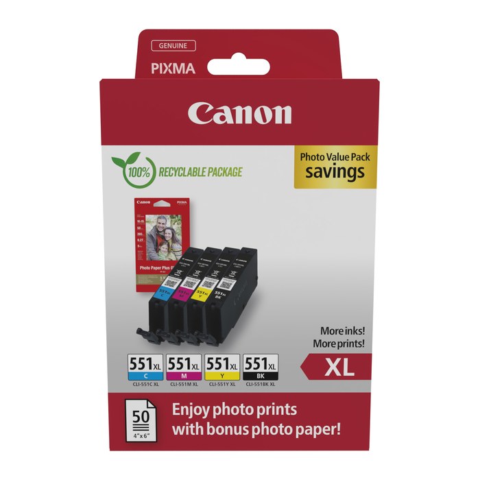 Canon CLI-551 XL C/M/Y/BK schwarz, cyan, magenta, gelb Druckerpatronen + Fotopapier