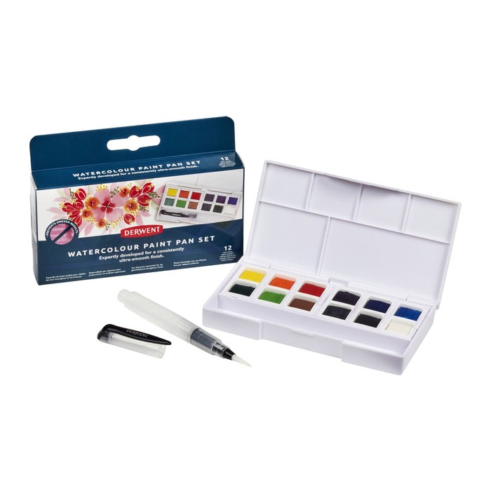 DERWENT Wasserfarbkasten 12 halbe Näpfchen und eine Derwent Mini Waterbrush in einer kompakten Palette mit Mischschale