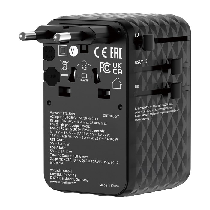 Verbatim Reiseadapter 100W 1x USB-C Aufrollkabel Schwarz