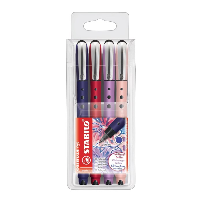 STABILO worker®+ medium NatureCOLORS Wildflower Tintenroller preußischblau, burgunderrot, grauviolett, rouge 0,5 mm, Schreibfarbe: blau, 4 St.