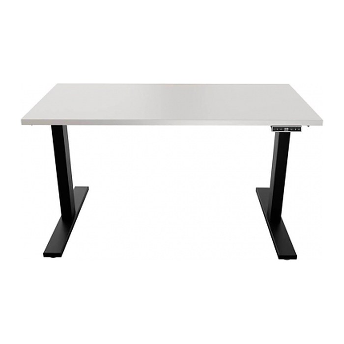BISLEY E-WonderTech elektrisch höhenverstellbarer Schreibtisch lichtgrau rechteckig, T-Fuß-Gestell schwarz 140,0 x 80,0 cm
