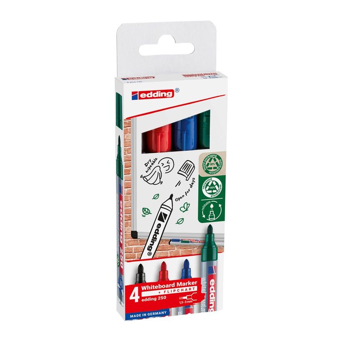 edding 250 Whiteboard-Marker farbsortiert 1,5 - 3,0 mm, 4 St.