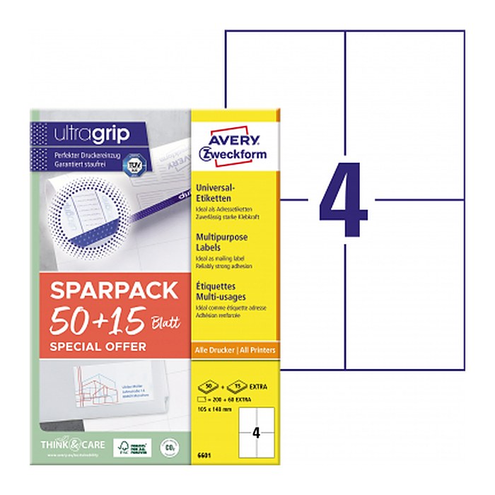 AKTION: AVERY Zweckform Etiketten 6601 weiß 105,0 x 148,0 mm, 65 Blatt