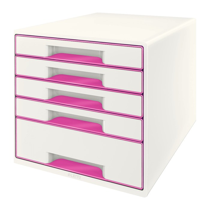 LEITZ Schubladenbox WOW Cube perlweiß/pink 52142023, DIN A4 mit 5 Schubladen, 1 St.