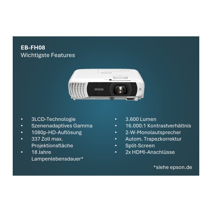 EPSON EB-FH08, 3LCD Full HD-Beamer, 3.600 ANSI-Lumen