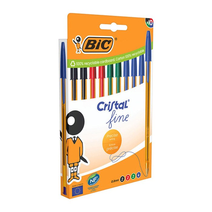 BIC Kugelschreiber Cristal Original Fine transparent, Schreibfarbe: farbsortiert, 10 St.
