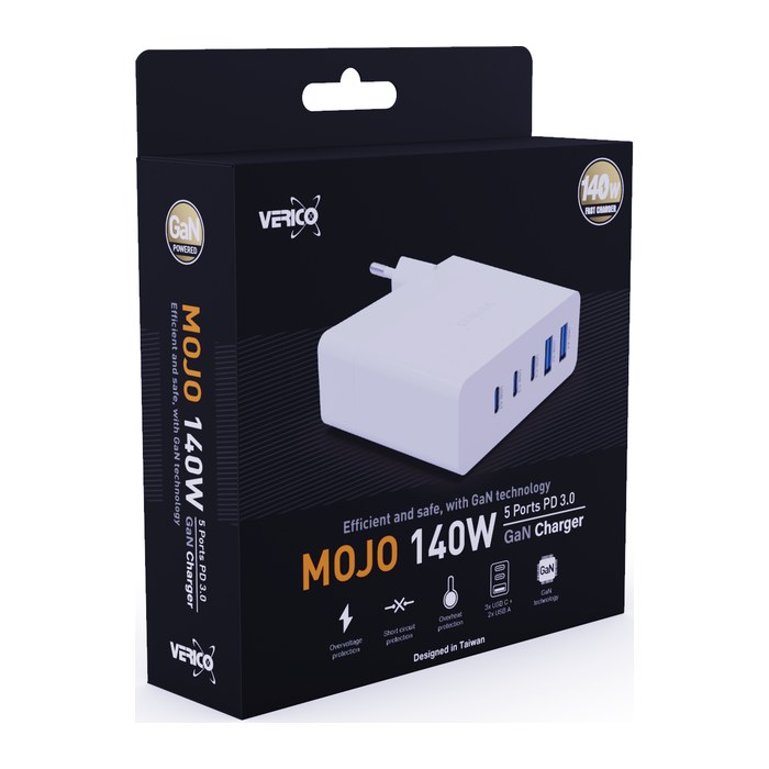 Verico Ladegerät MOJO GaN 140W PD, 5-Port (USB-A & USB-C) WH retail