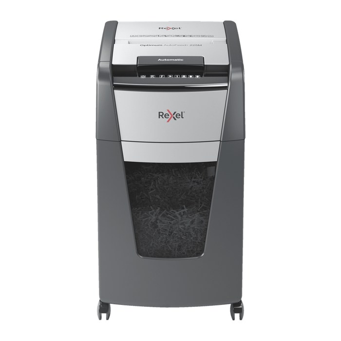 Rexel Optimum AutoFeed+ 225M Aktenvernichter mit Partikelschnitt P-5, 2 x 15 mm, bis 225 Blatt, schwarz