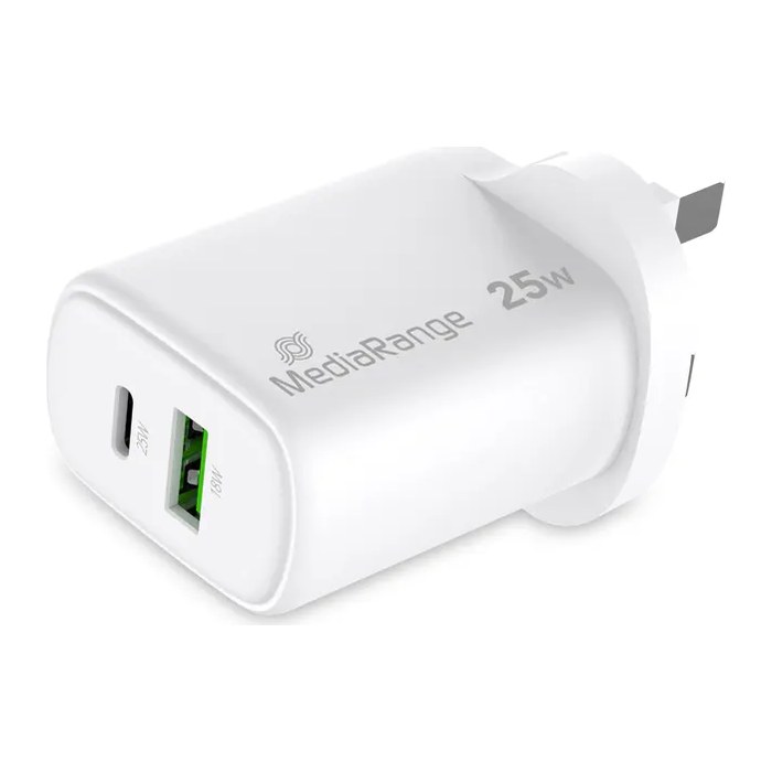 MediaRange Ladegerät 25W 2-Port 1x USB-A/1x USB-C UK GaN, ws