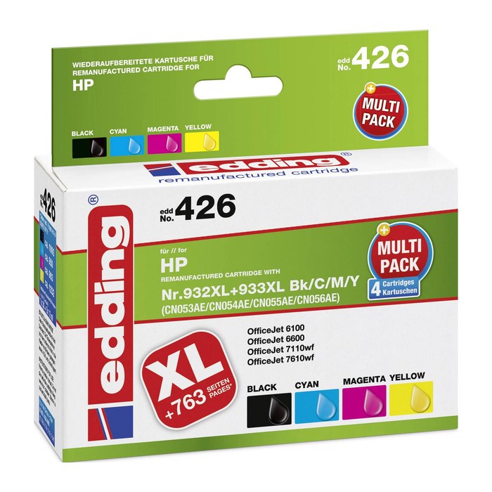 edding EDD-426 schwarz, cyan, magenta, gelb Druckerpatronen kompatibel zu HP 932XL + 933XL (C2P42AE), 4er-Set