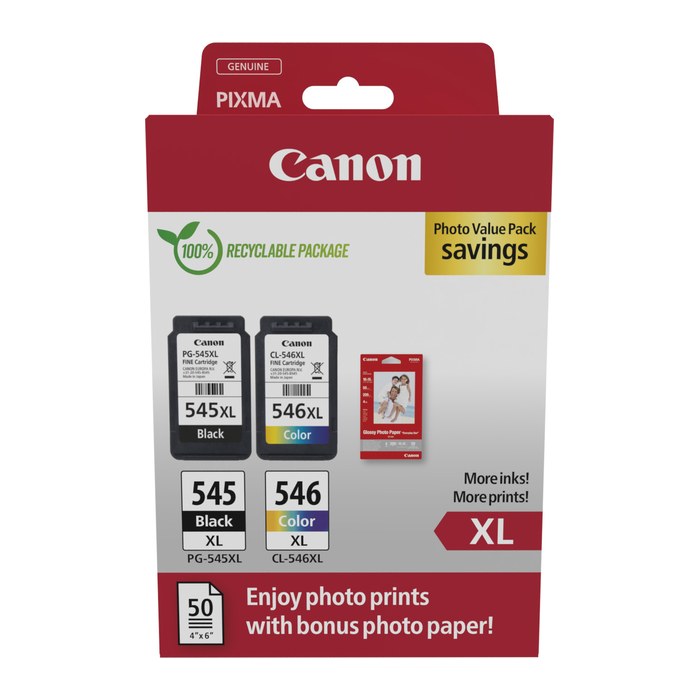 Canon PG-545 XL + CL-546 XL schwarz, color Druckköpfe + Fotopapier, 2er-Set