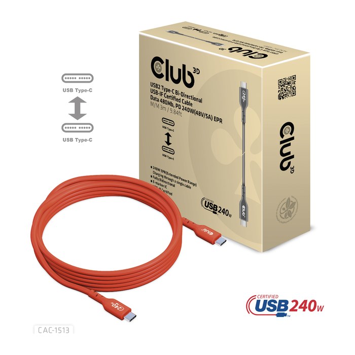 Club3D Kabel USB 2 Typ C PD 240W / 480Mb 3m St/St retail
