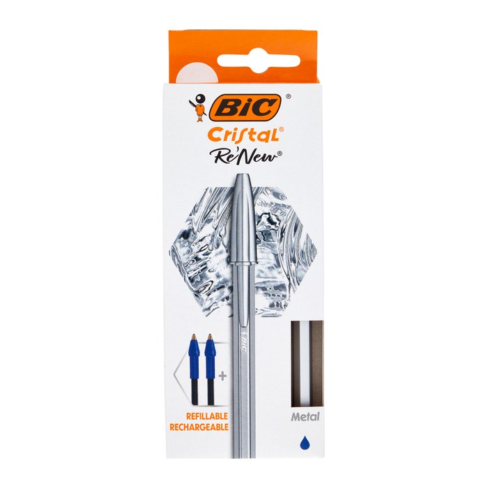 BIC Kugelschreiber Cristal Re'New metallic-silber, Schreibfarbe: blau, 1 Set