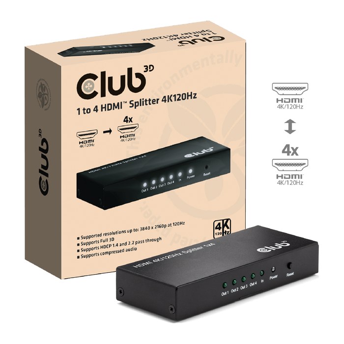 Club3D HDMI Splitter 1 Eingang -> 4 Ausgänge 4K120Hz UHD retail
