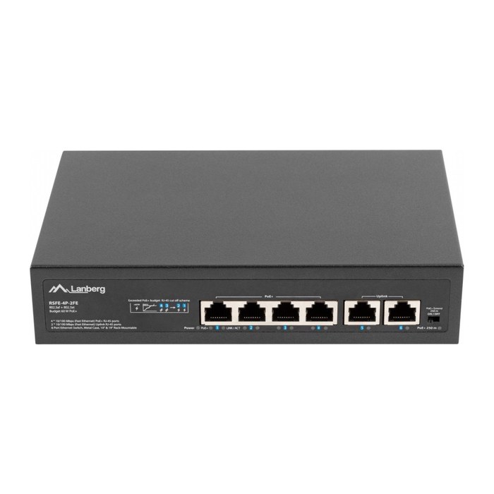 LANBERG Switch 4-Port 100MB PoE+/2x100MB unmanag. 10/19"60W