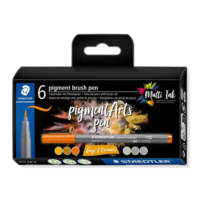 STAEDTLER MultiInk Pigment Arts brush pen 6er-Set grau&Caram retail