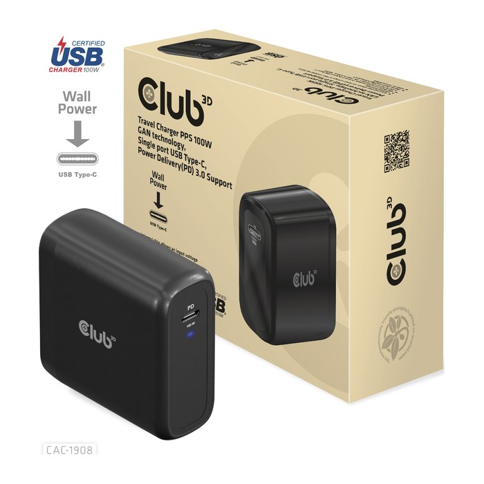 Club3D Ladegerät 1xUSB Typ C PD 100W, GaN retail