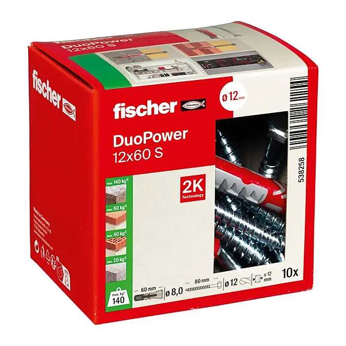 fischer DuoPower 12x60 S 2K 538258 Dübel mit Schrauben Ø 12 mm x 60 mm, 10 St.