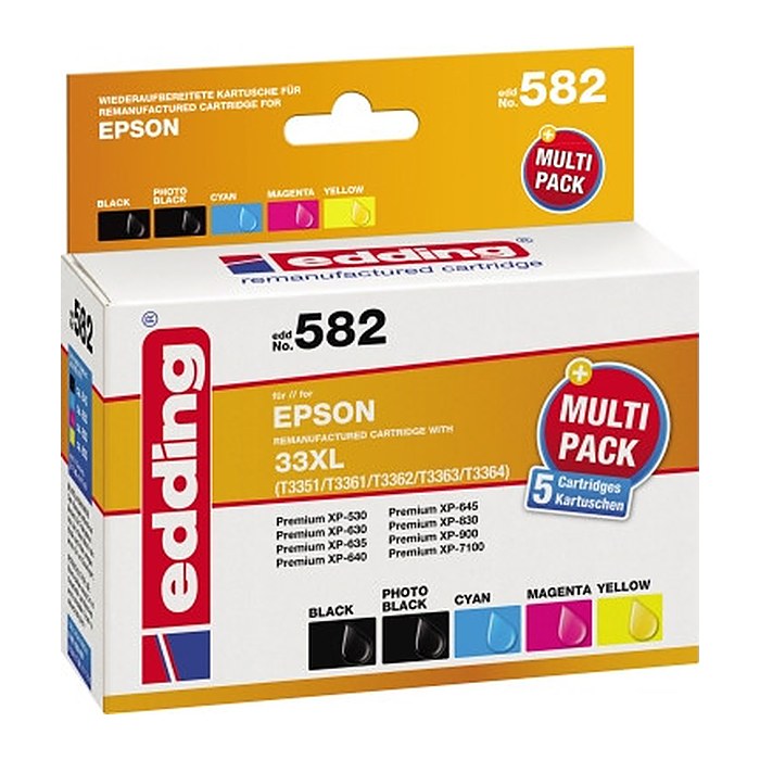 edding EDD-582 schwarz, cyan, magenta, gelb, Foto schwarz Druckerpatronen kompatibel zu EPSON 33XL / T3357XL, 5er-Set