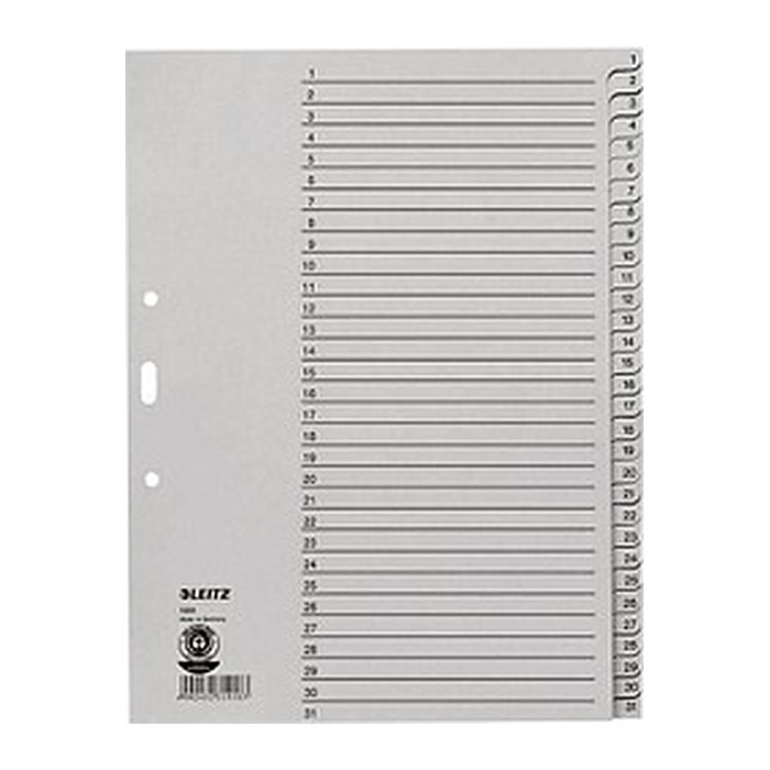 LEITZ Ordnerregister 1231 DIN A4 Vollformat, Überbreite 1-31 grau 31-teilig, 10 Satz