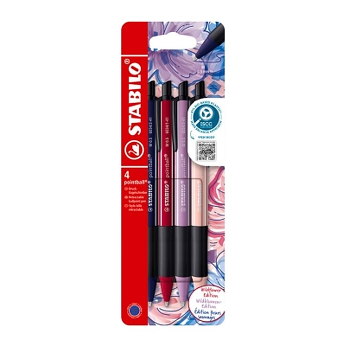 STABILO Kugelschreiber-Set pointball NatureCOLORS Wildflowers farbsortiert, Schreibfarbe: blau, 4 St.