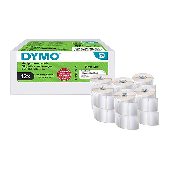 DYMO Etikettenrolle für Etikettendrucker weiß, 51,0 x 19,0 mm, 12 x 500 Etiketten