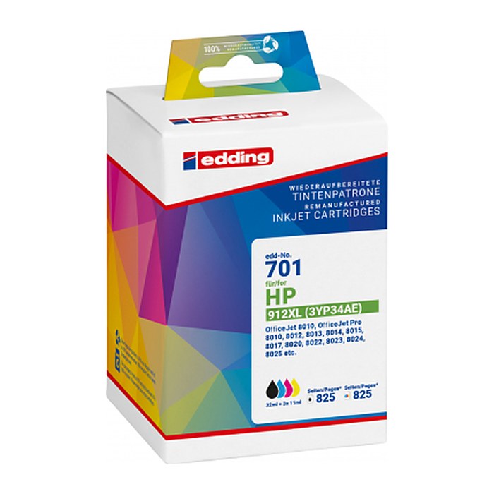 edding EDD-701 schwarz, cyan, magenta, gelb Druckerpatronen kompatibel zu HP 912XL (3YP34AE), 4er-Set
