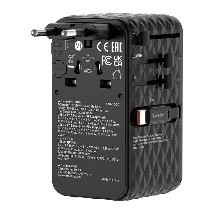 Verbatim Reiseadapter 70W 2x USB-C Aufrollkabel Schwarz