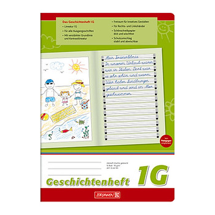BRUNNEN Geschichtenheft Lineatur 1G liniert DIN A4 ohne Rand, 16 Blatt, 1 St.
