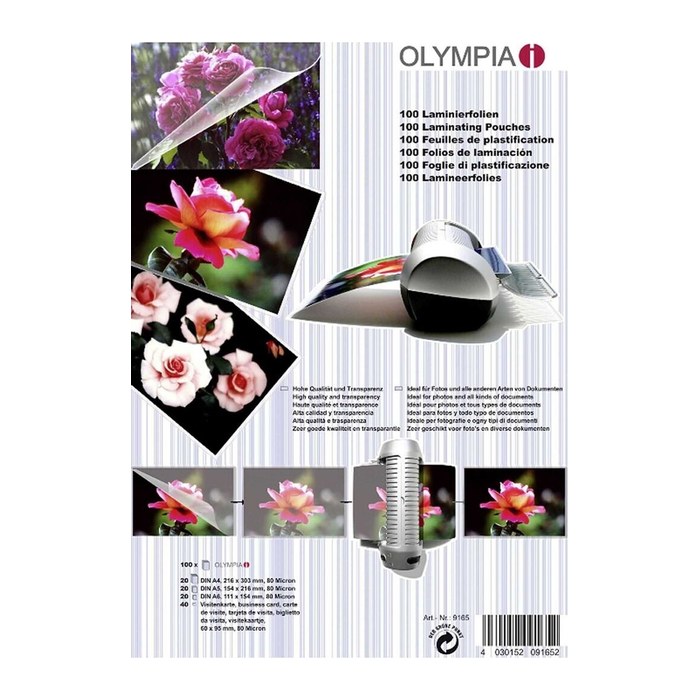 OLYMPIA Laminierfolien-Set glänzend für A4, A5, A6, Visitenkartenformat 80 micron, 100 St.