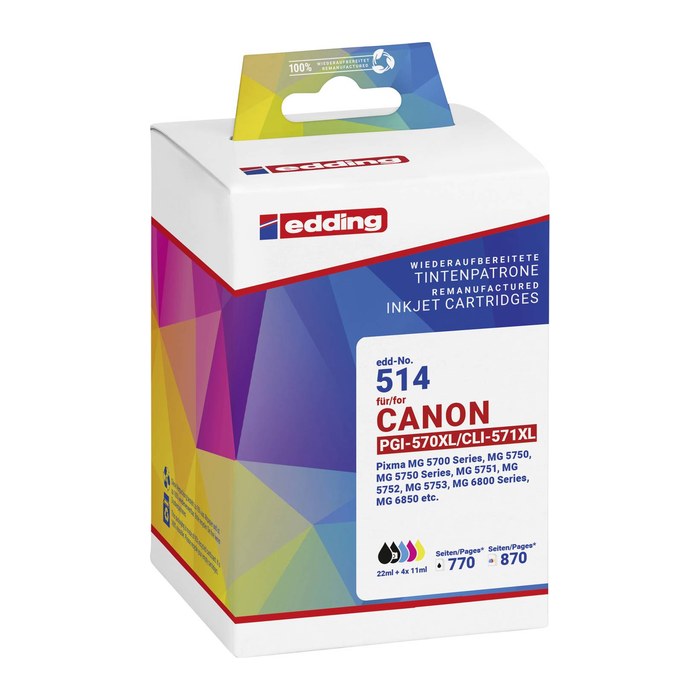 edding EDD-514 schwarz, cyan, magenta, gelb Druckerpatronen kompatibel zu Canon PGI-570XL/CLI-571XL BK/C/M/Y, 5er-Set