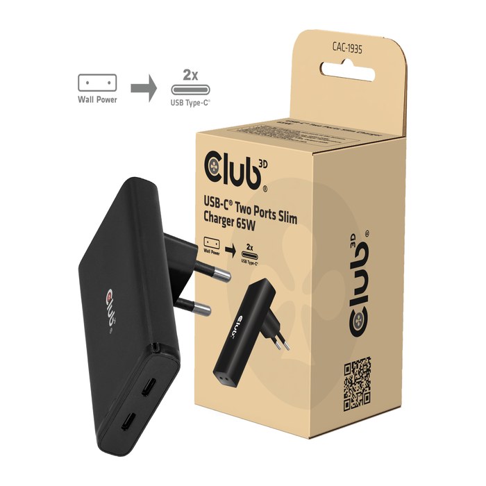 Club3D Ladegerät 2xUSB Typ C Slim PD3.1 65W, GaN retail